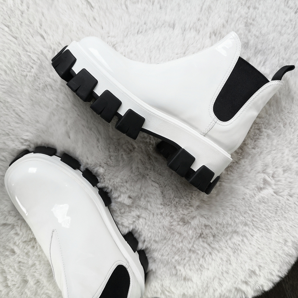 Prada Chelsea Monolith White Patent Platform Lugged Boot